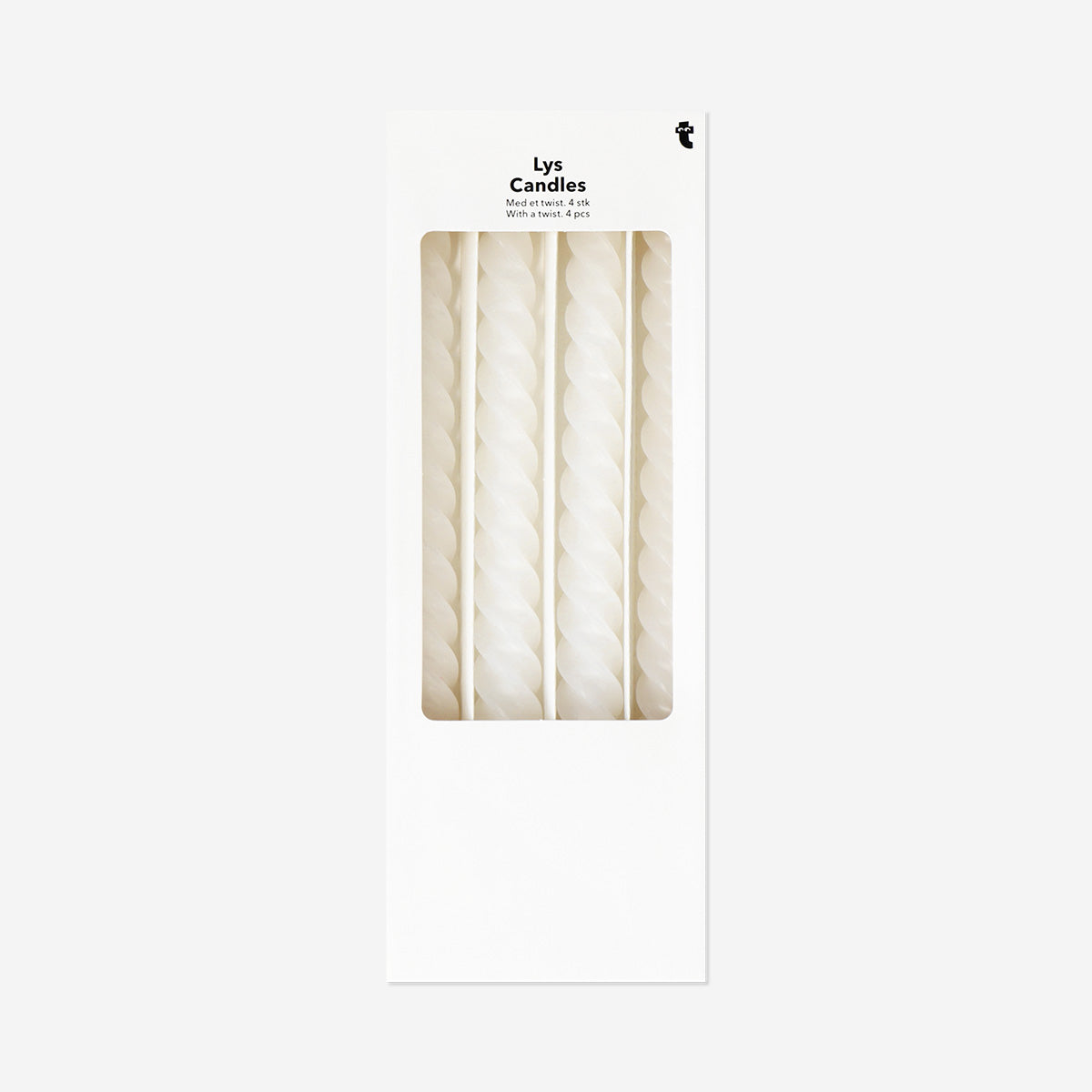 Set of four white twisted dinner candles for home decor by Flying Tiger Copenhagen, shown in the image.