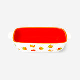 Ceramic oven dish with leaf design, 12x20 cm, from Flying Tiger Copenhagen, showing the dish's decorative leaf pattern and shape.