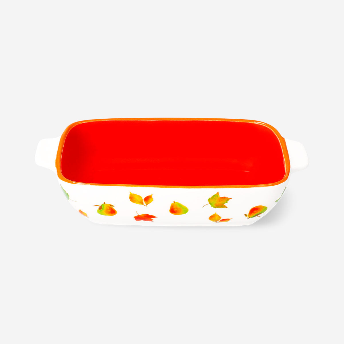 Ceramic oven dish with leaf design, 12x20 cm, from Flying Tiger Copenhagen, showing the dish's decorative leaf pattern and shape.