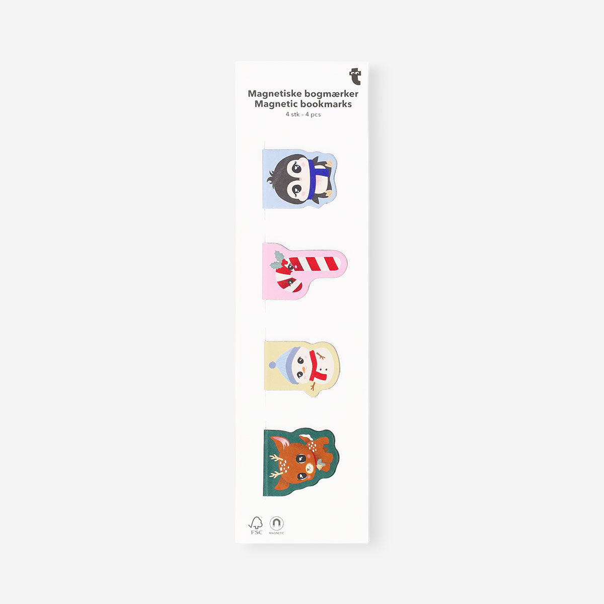 Set of four magnetic Christmas bookmarks from Flying Tiger Copenhagen, featuring festive holiday-themed designs for office use.
