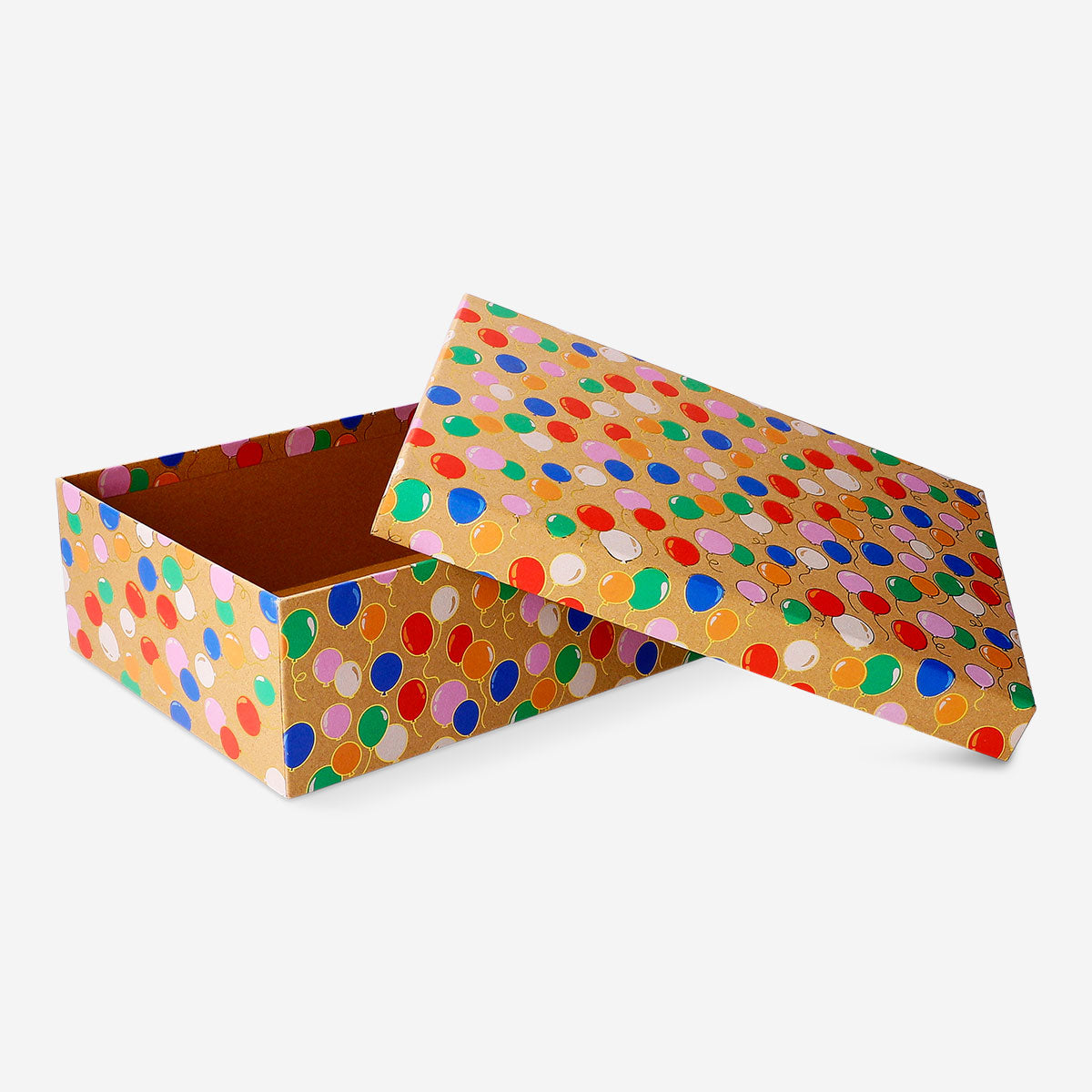 Brown office gift box with colorful balloons, measuring 28x20x9 cm, from Flying Tiger Copenhagen, decorated for celebrations