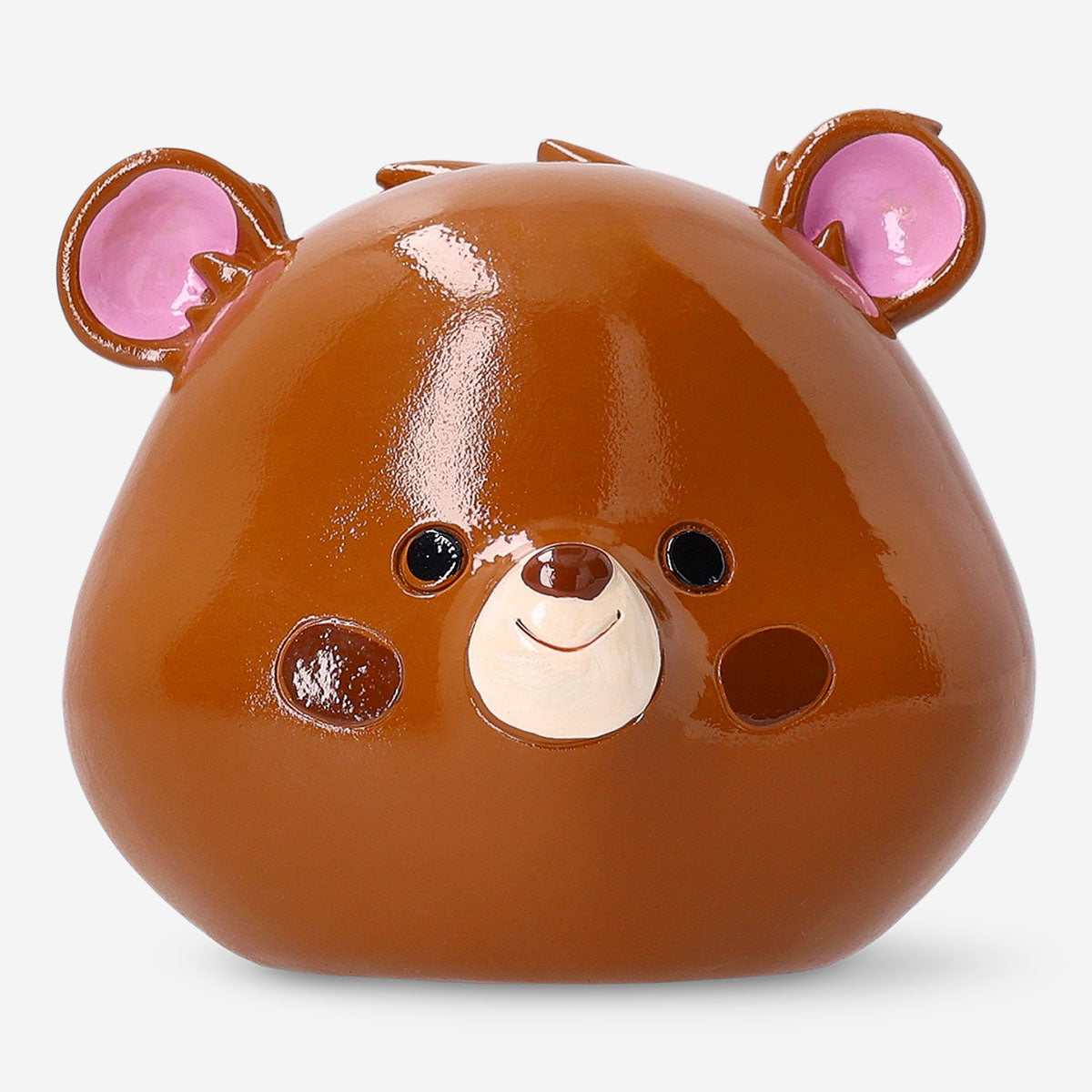 Brown bear-shaped money bank from Flying Tiger Copenhagen, 11 cm tall, featuring a playful bear design for saving coins.