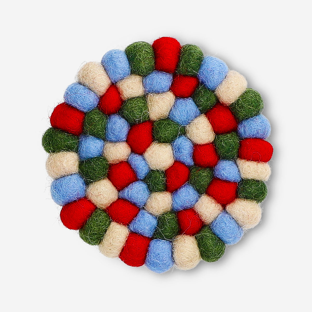 Colorful wool trivet in mixed colors, 10 cm, from Flying Tiger Copenhagen, designed for protecting surfaces in the kitchen.