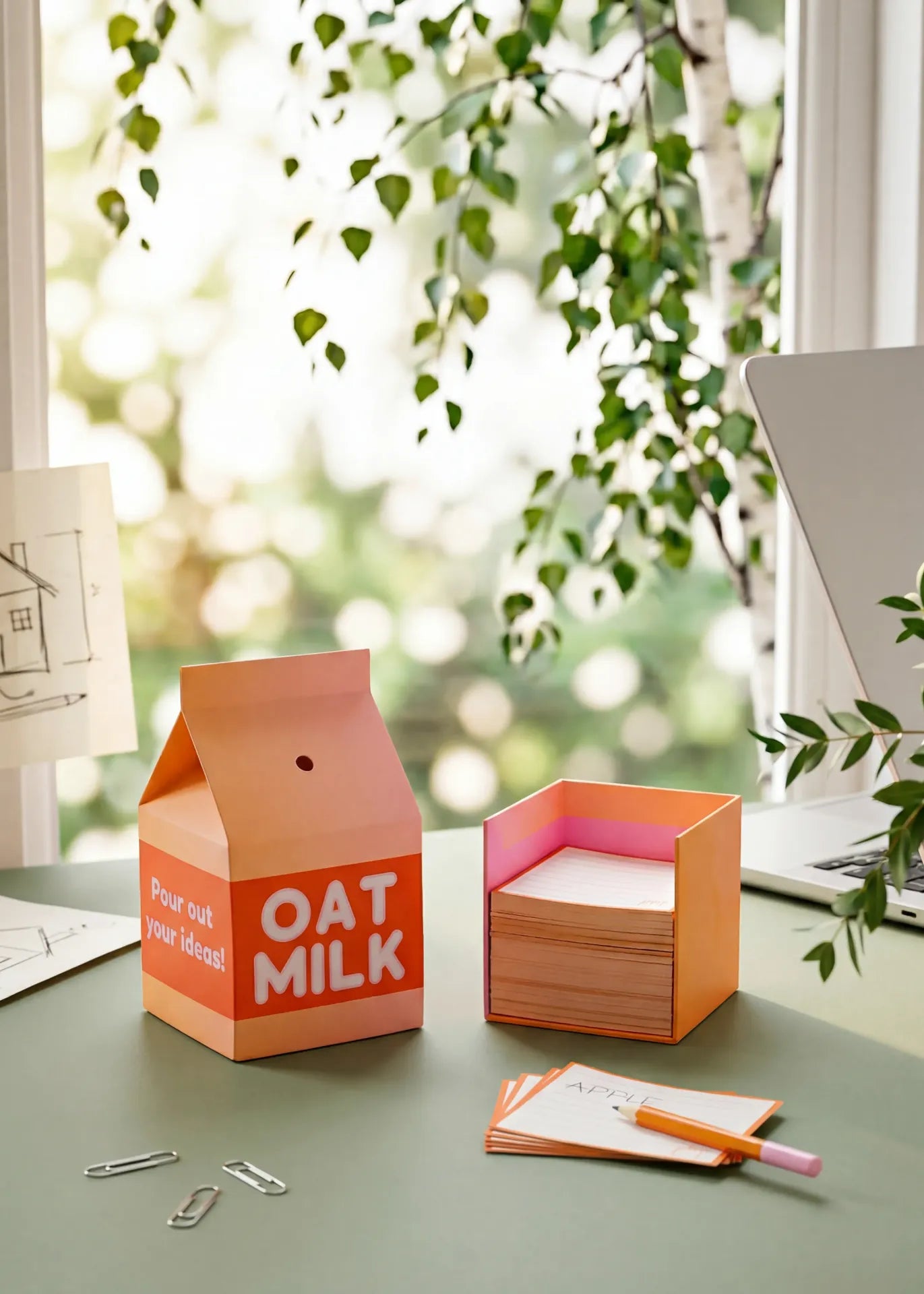 Flying Tiger Copenhagen milk carton memo pad with pencil, office stationery for jotting notes and reminders.