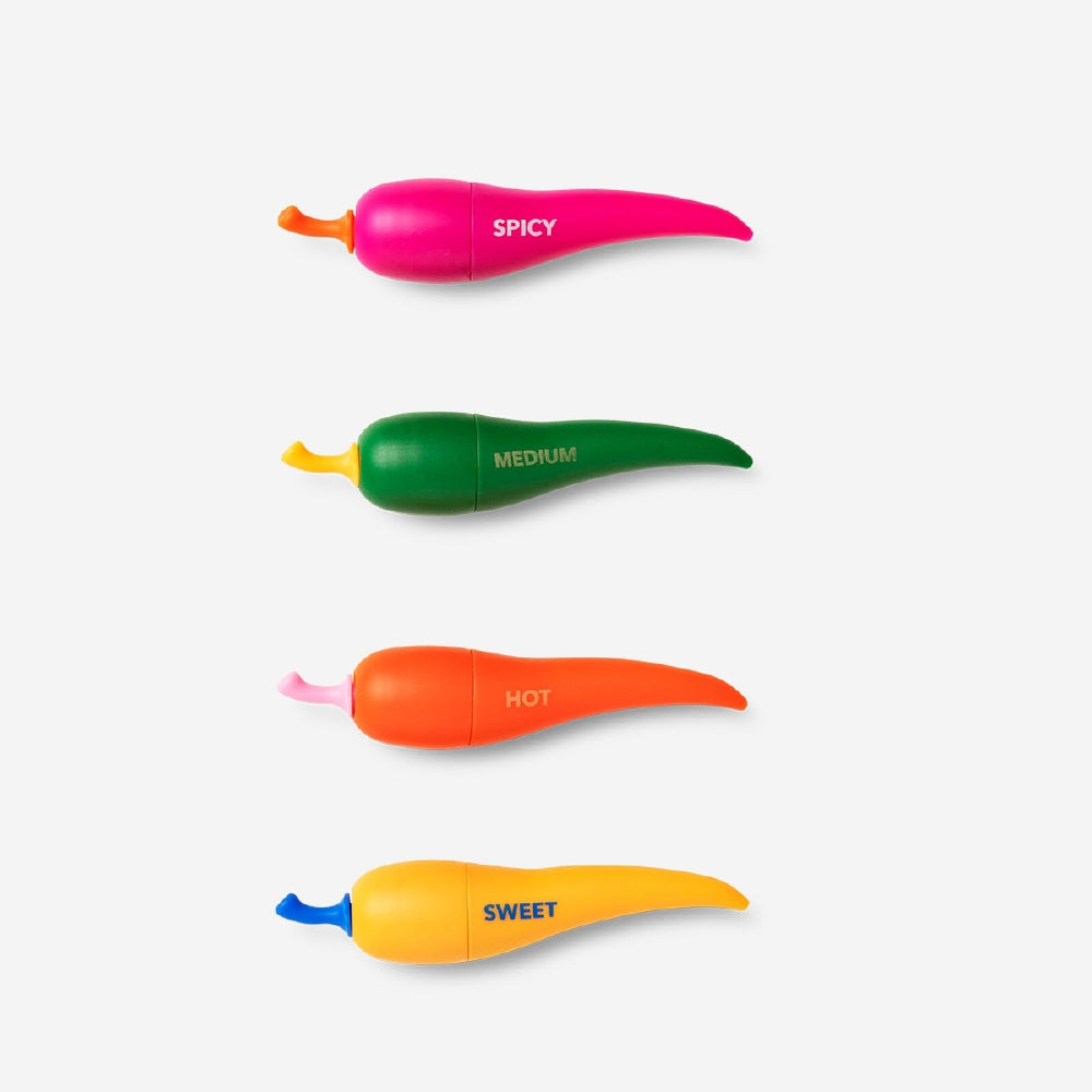Set of four Chilli highlighters from Flying Tiger Copenhagen for office use, with bright colors and ergonomic design.