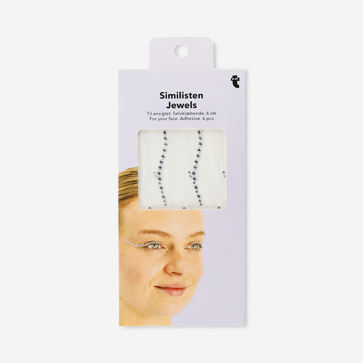 Flying Tiger Copenhagen adhesive rhinestone jewels for face, sparkling personal care accessories with shiny, decorative stones on a white background.