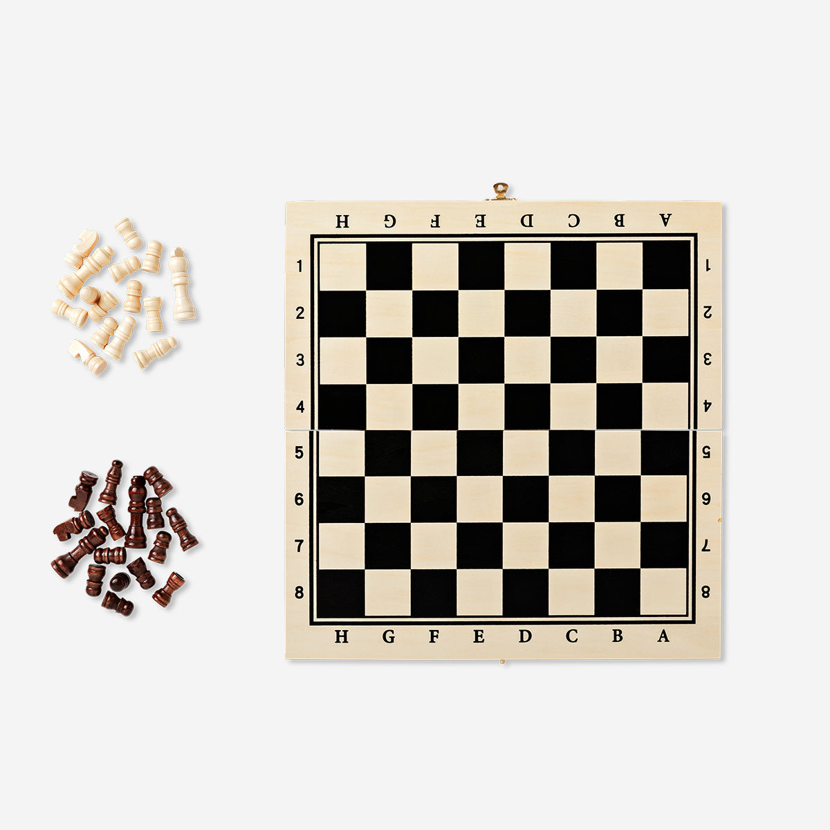 Wooden chess game by Flying Tiger Copenhagen, featuring a classic chessboard with black and natural wood pieces arranged for play.