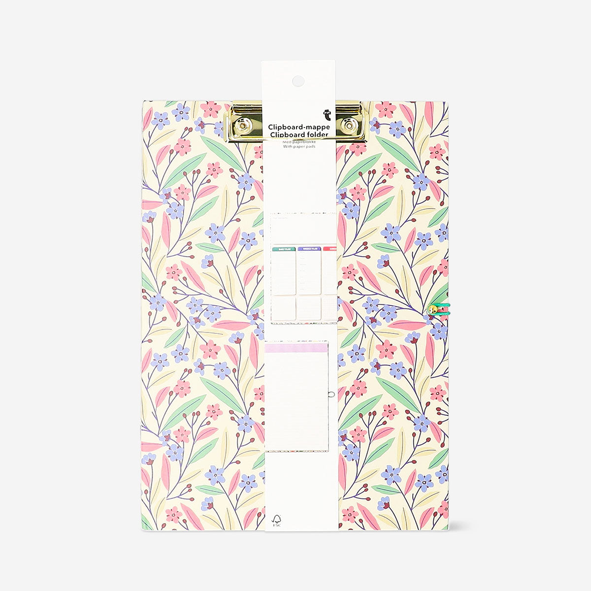 Flying Tiger Copenhagen floral clipboard folder with attached paper pads, ideal for office or stationery use.