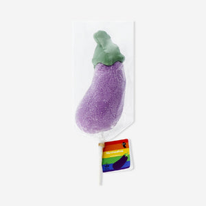 Colorful marshmallow on a stick shaped like an eggplant, from Flying Tiger Copenhagen, displayed on a white background.