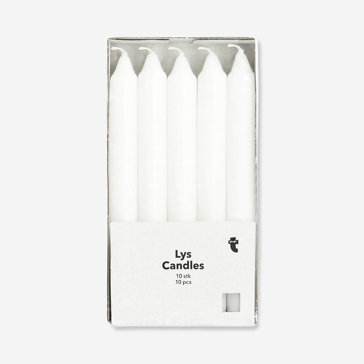 Set of 10 white dinner candles from Flying Tiger Copenhagen, ideal for home table decor and special occasions.