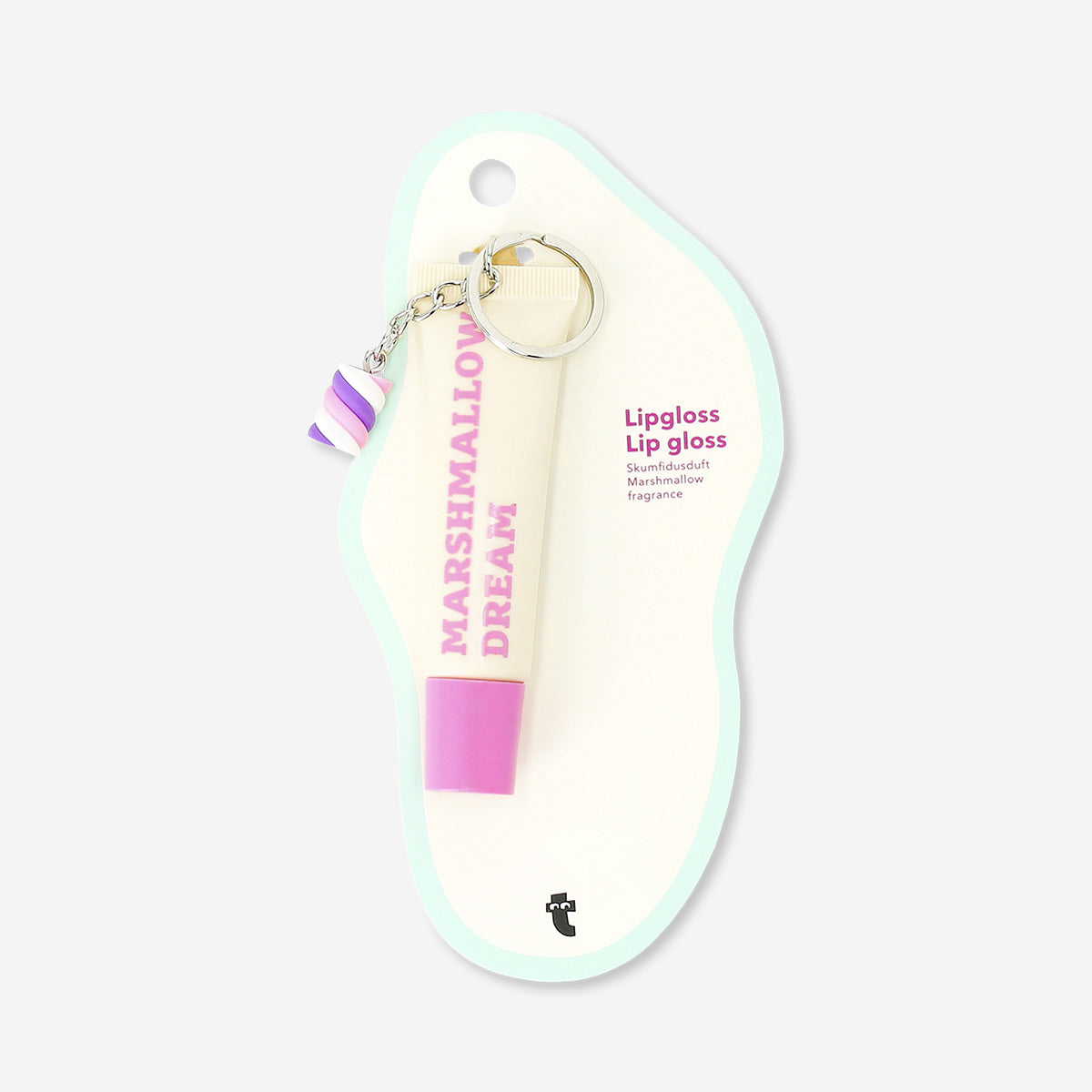 Flying Tiger Copenhagen lip gloss with charm, marshmallow fragrance, shiny finish, and decorative charm for personal care.