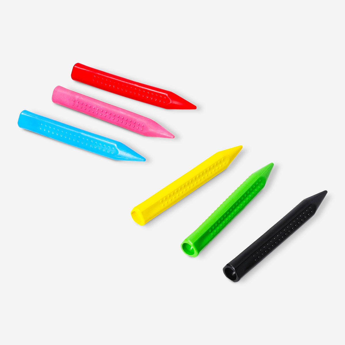 Six colorful Crayons set by Flying Tiger Copenhagen for arts and crafts hobby projects, displayed on a neutral background.