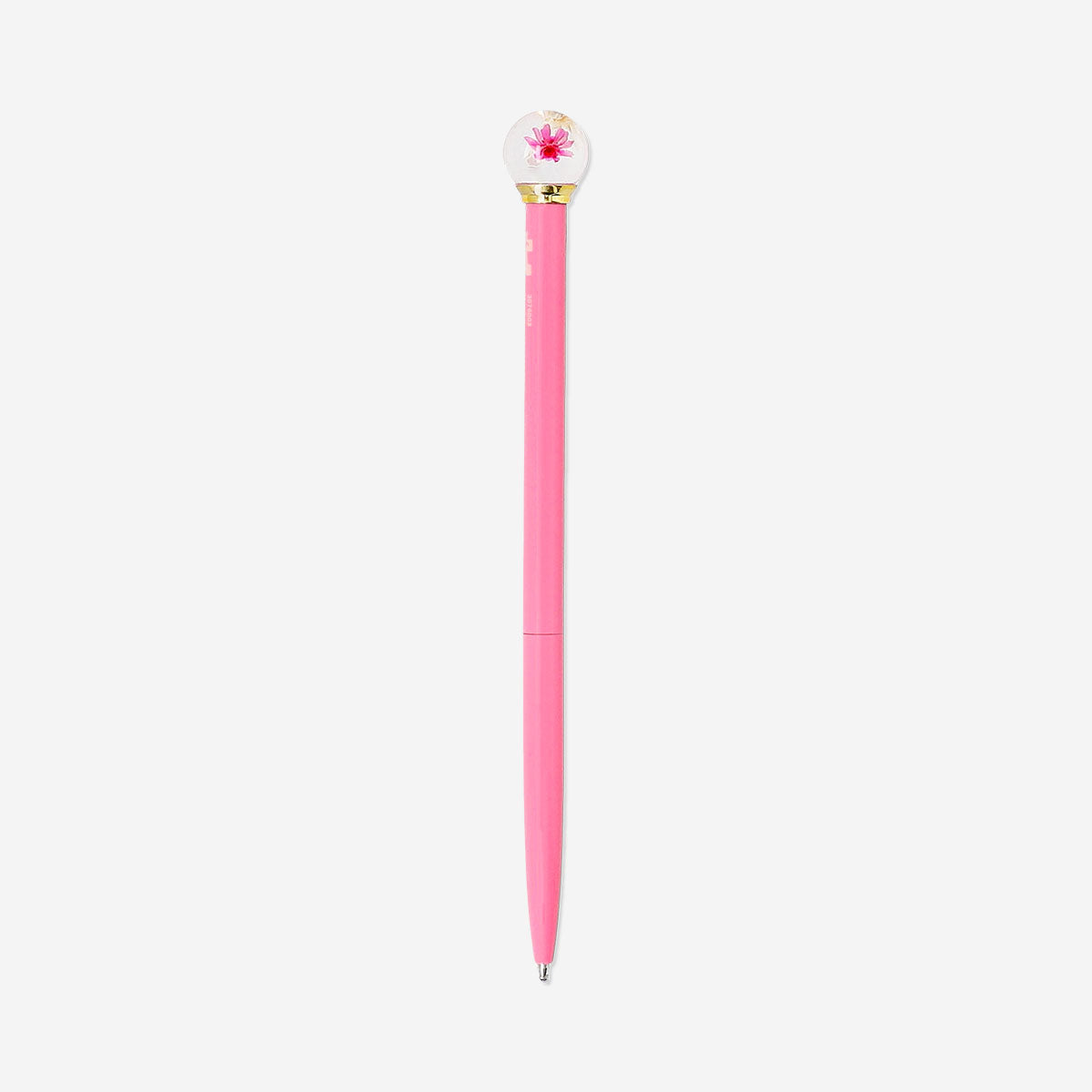 Pink Flying Tiger Copenhagen office ballpoint pen with a flower globe topper, featuring a sleek design and vibrant color.