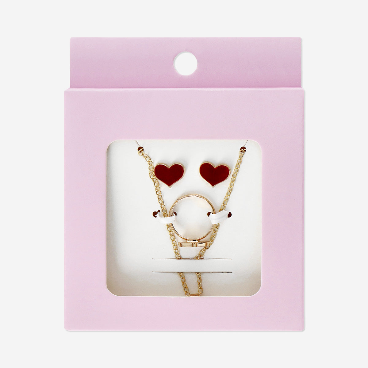 Gold jewellery set with red hearts - 3 pcs