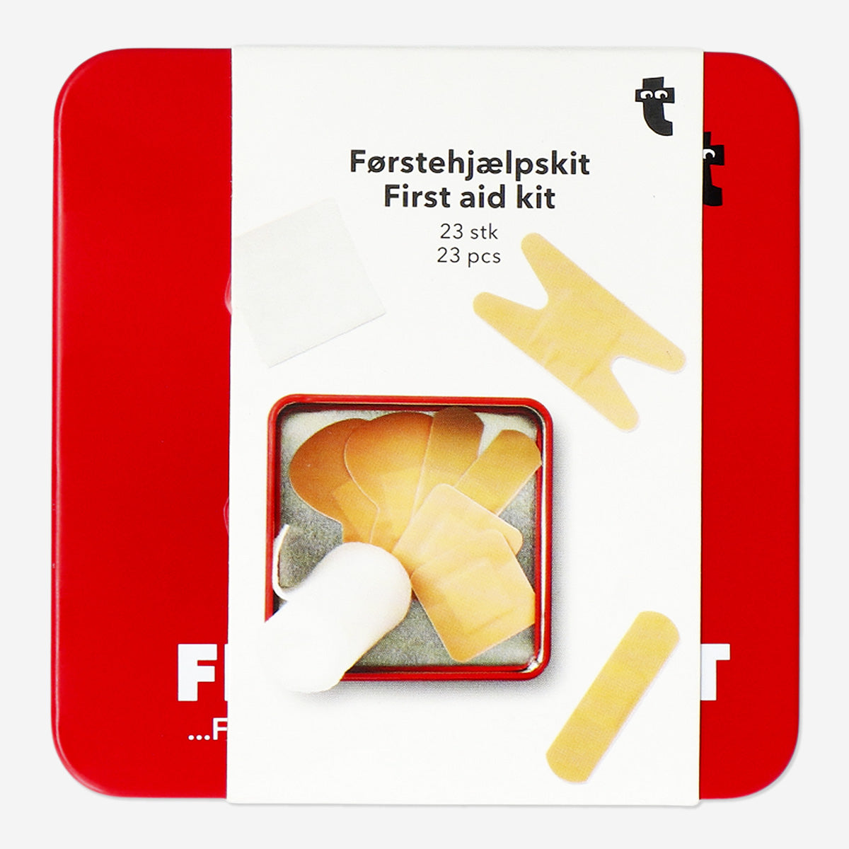 Flying Tiger Copenhagen 23-piece personal care first aid kit in a compact tin box, with bandages, antiseptic wipes, and medical supplies inside.