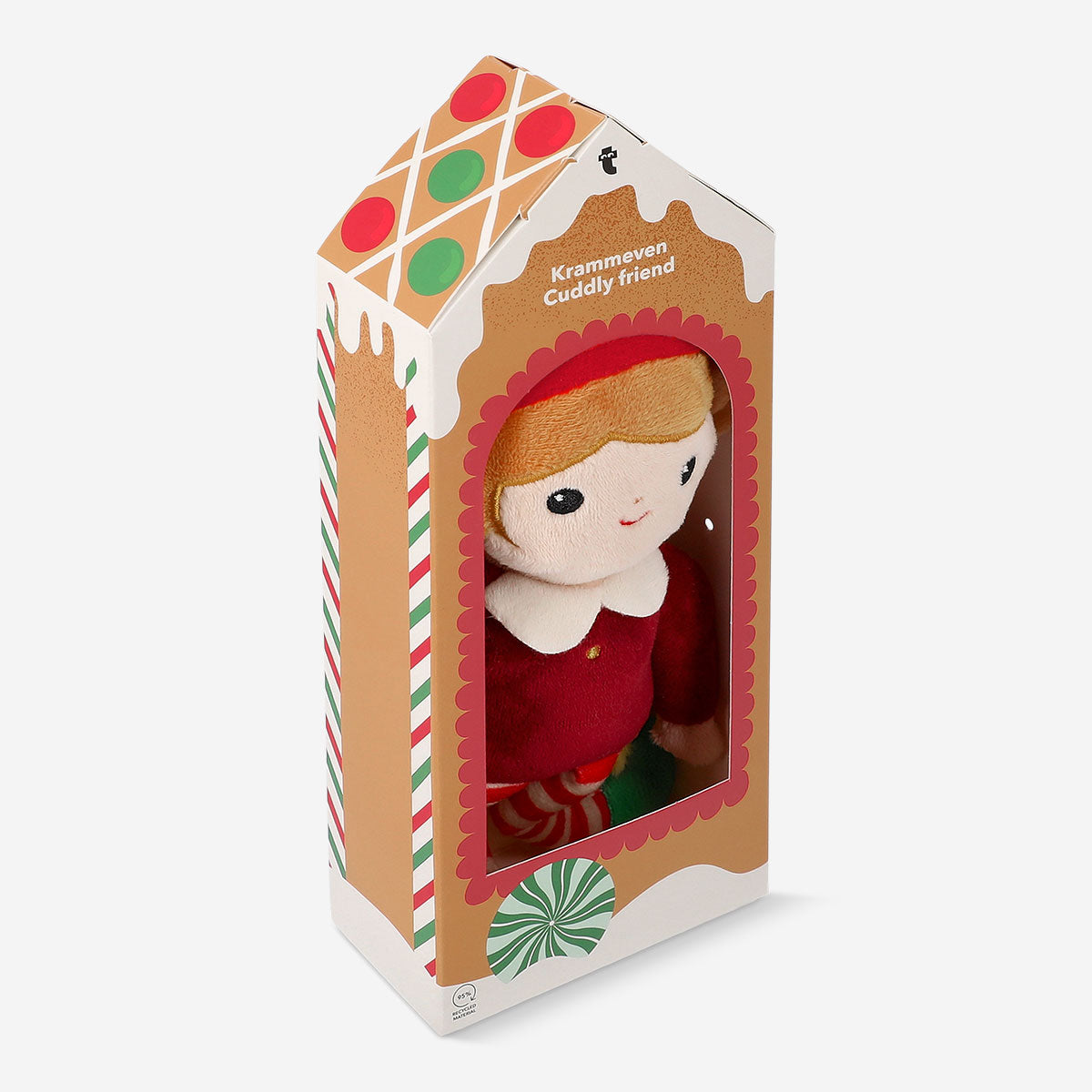 Flying Tiger Copenhagen plush elf girl toy with soft fabric, detailed face, and festive clothing, perfect for cuddling or holiday decor.
