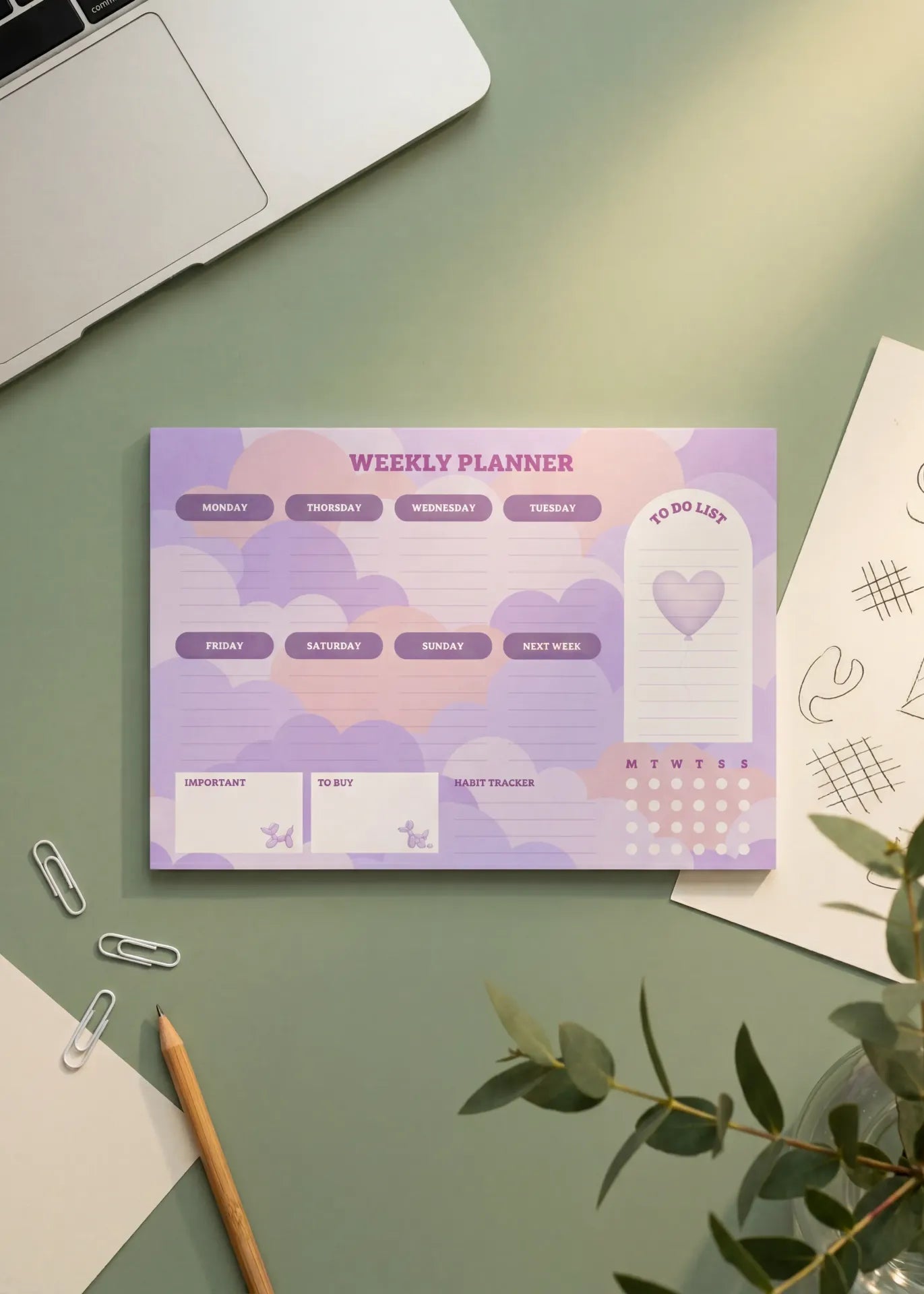 Purple Flying Tiger Copenhagen weekly office planner with goal-setting pages and organized layout.