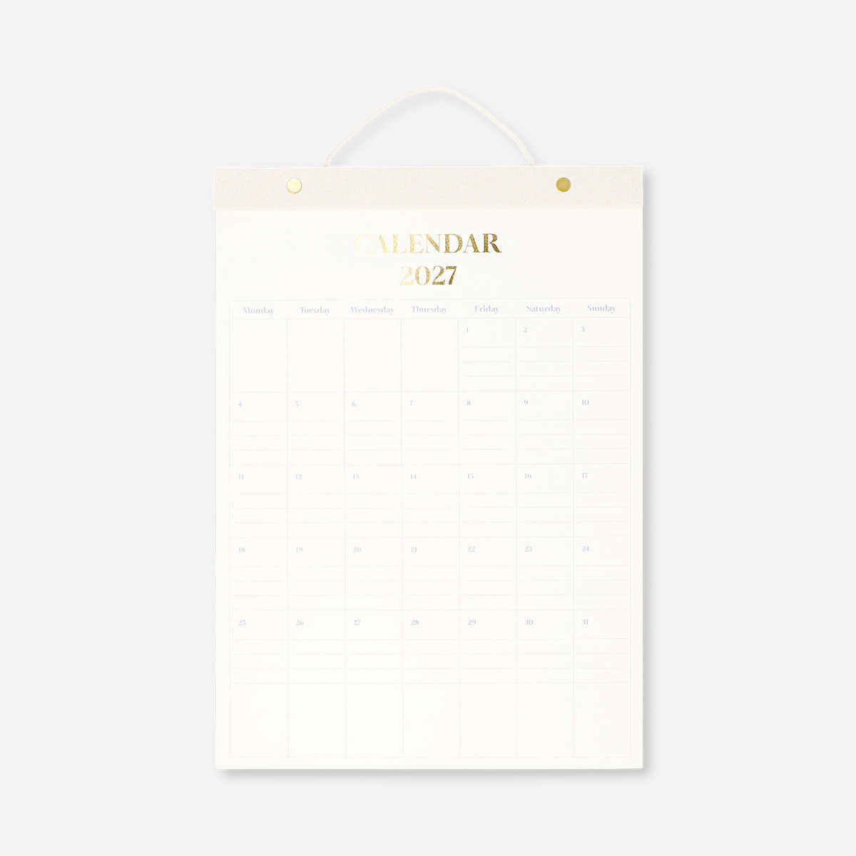 Hanging 2027 monthly office calendar by Flying Tiger Copenhagen with colorful month layouts on white background.