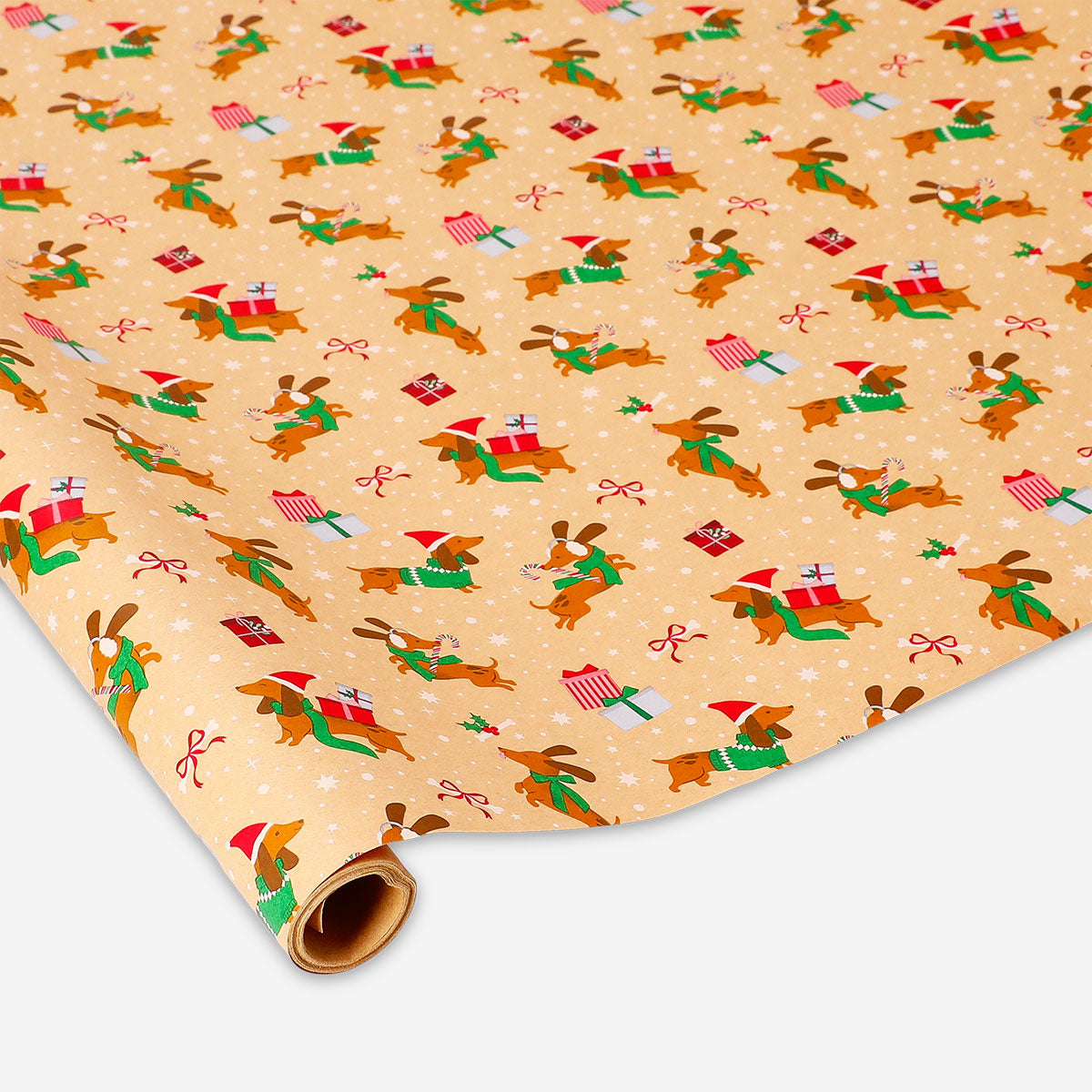Office-sized 400 cm Christmas craft wrapping paper featuring playful sausage dog designs by Flying Tiger Copenhagen.