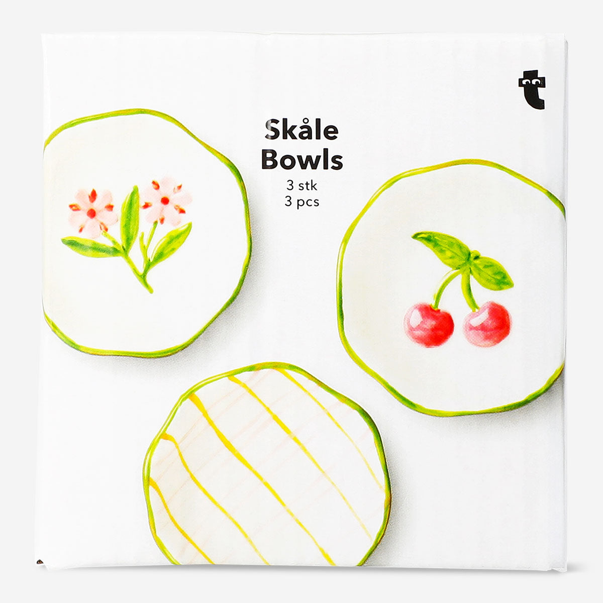 Set of three ceramic kitchen bowls with spring-themed designs by Flying Tiger Copenhagen, perfect for serving or mixing.