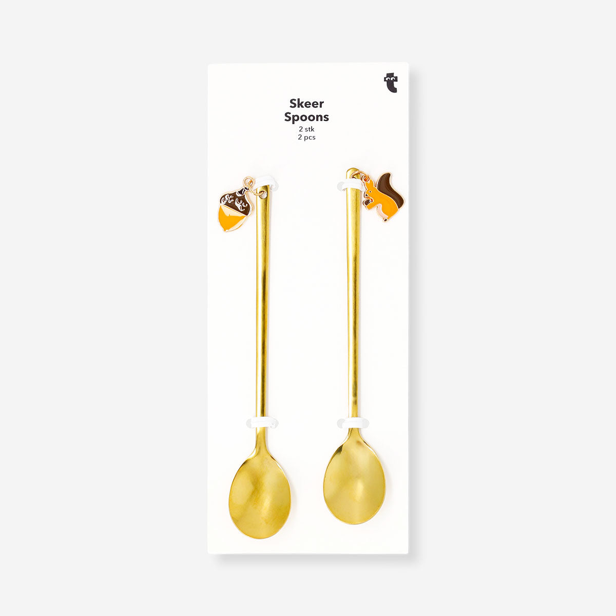 Set of two gold dessert spoons with acorn and squirrel decorations, ideal for elegant kitchen table settings.