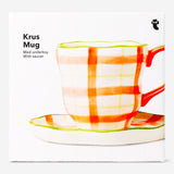 Flying Tiger Copenhagen 200ml hand-painted chequered design mug with matching saucer, perfect for kitchen use.