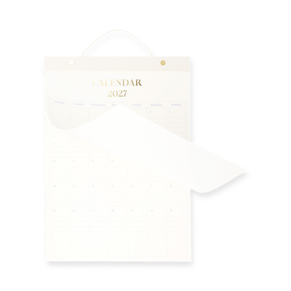 Hanging 2027 office monthly calendar by Flying Tiger Copenhagen with colorful pages and metal hanging mechanism.