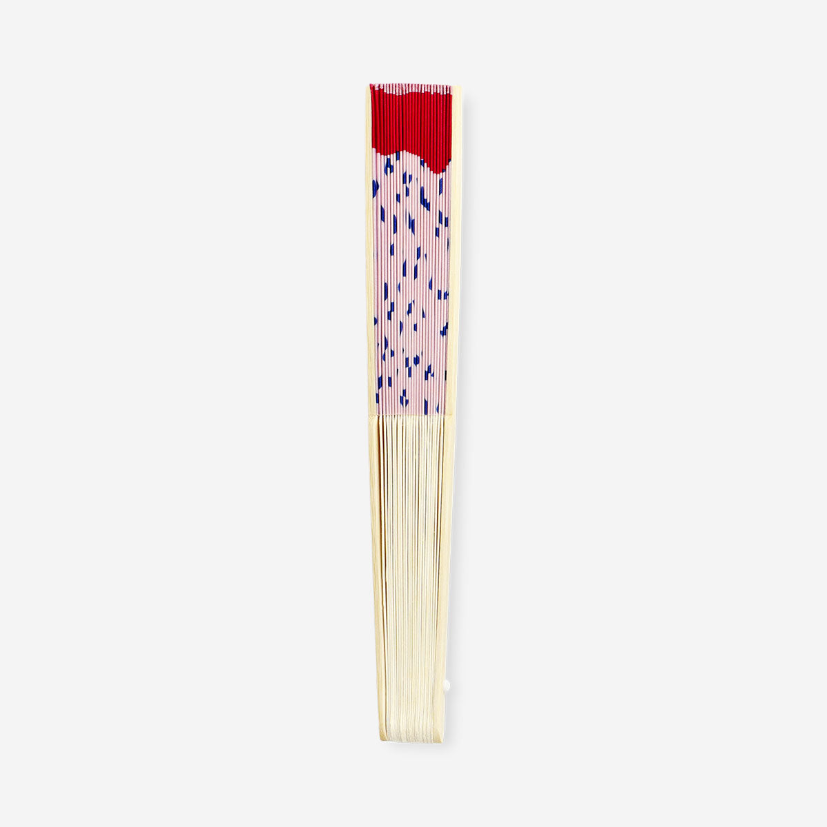 Foldable bamboo fan with dragon fruit print, textile material, by Flying Tiger Copenhagen, showing its compact design and vibrant pattern.