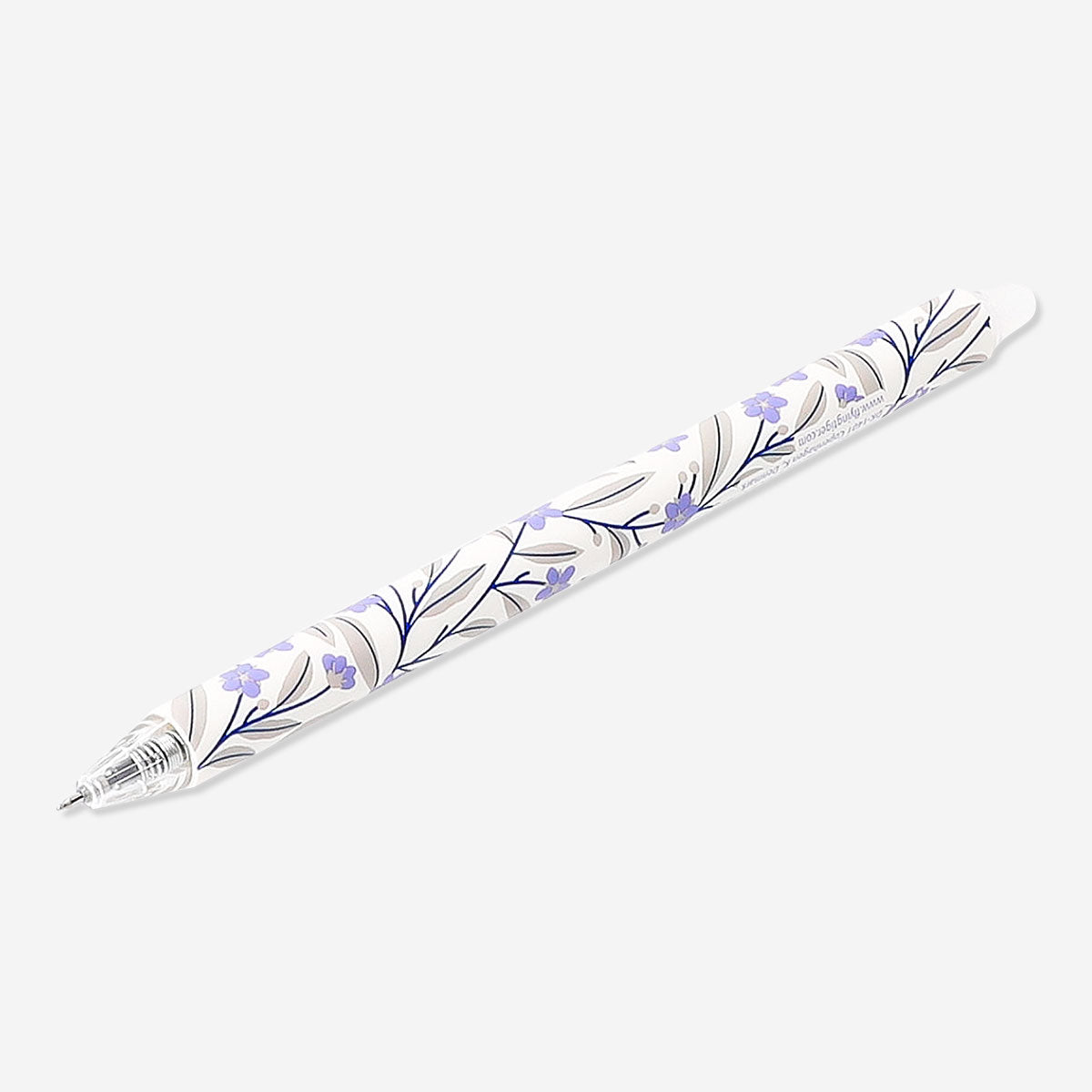 Flying Tiger Copenhagen erasable gel ink pen with purple flower design, ideal for office writing and note-taking.