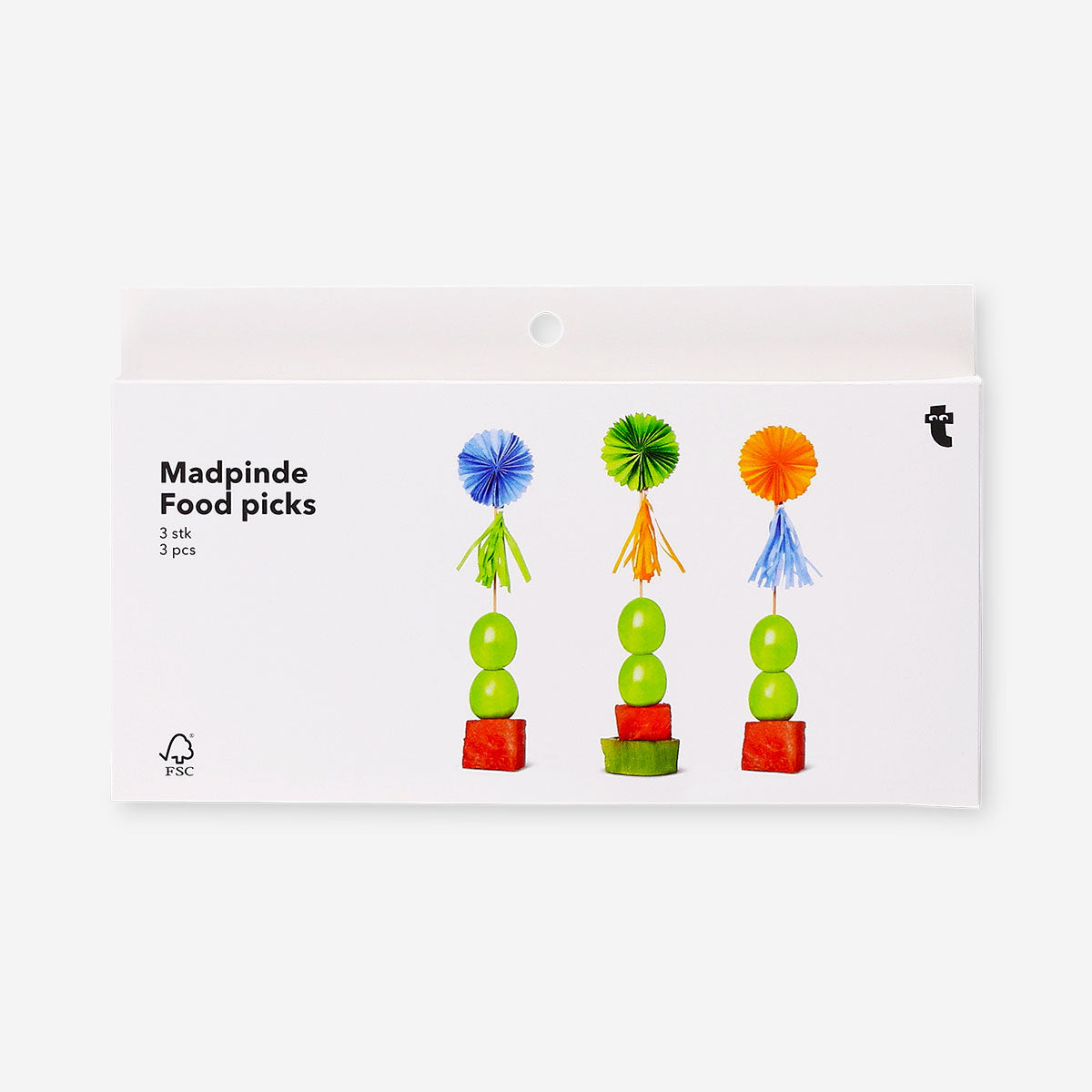Set of three Flying Tiger Copenhagen food picks with colorful paper fans and tassels, perfect for party appetizers and snacks.