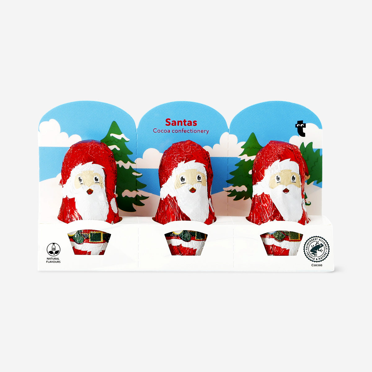 Flying Tiger Copenhagen cocoa confectionery Santas, three festive chocolate figures with detailed Santa designs on a white background.
