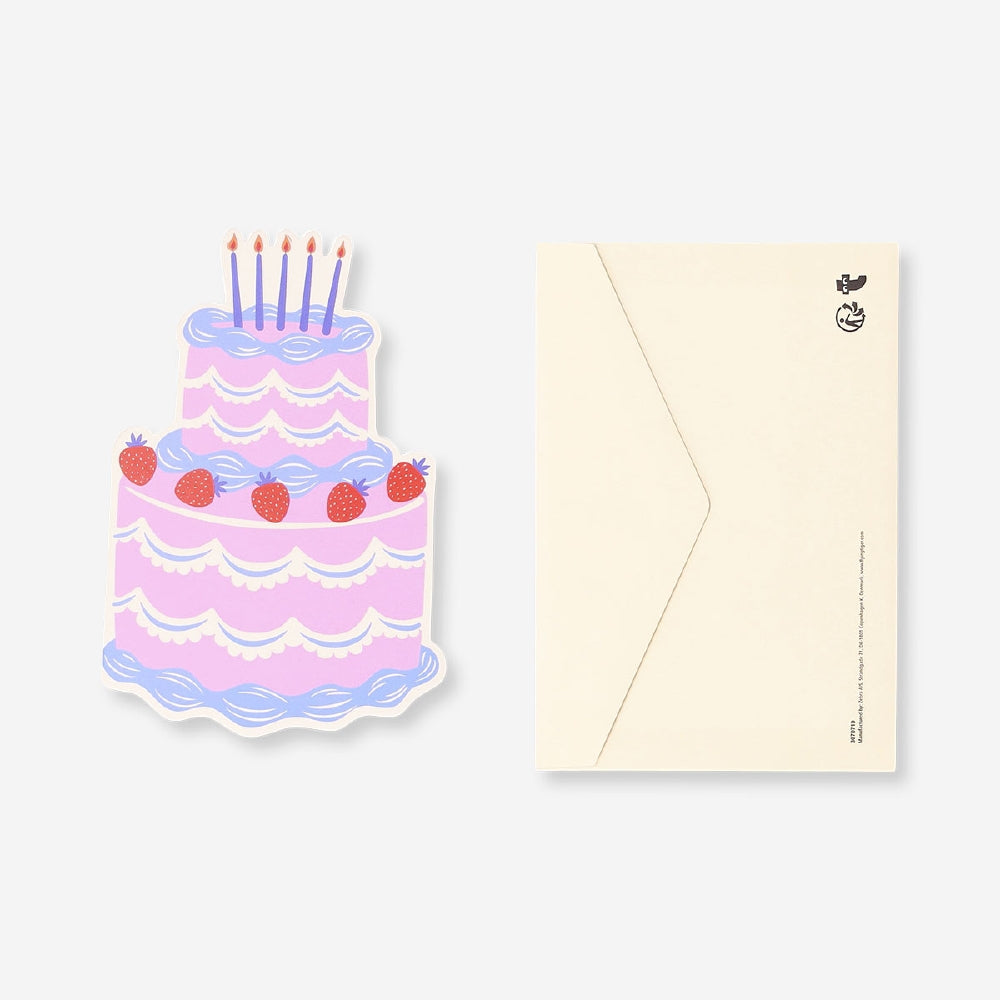 Flying Tiger Copenhagen birthday card featuring a colorful birthday cake with lit candles for special celebrations.