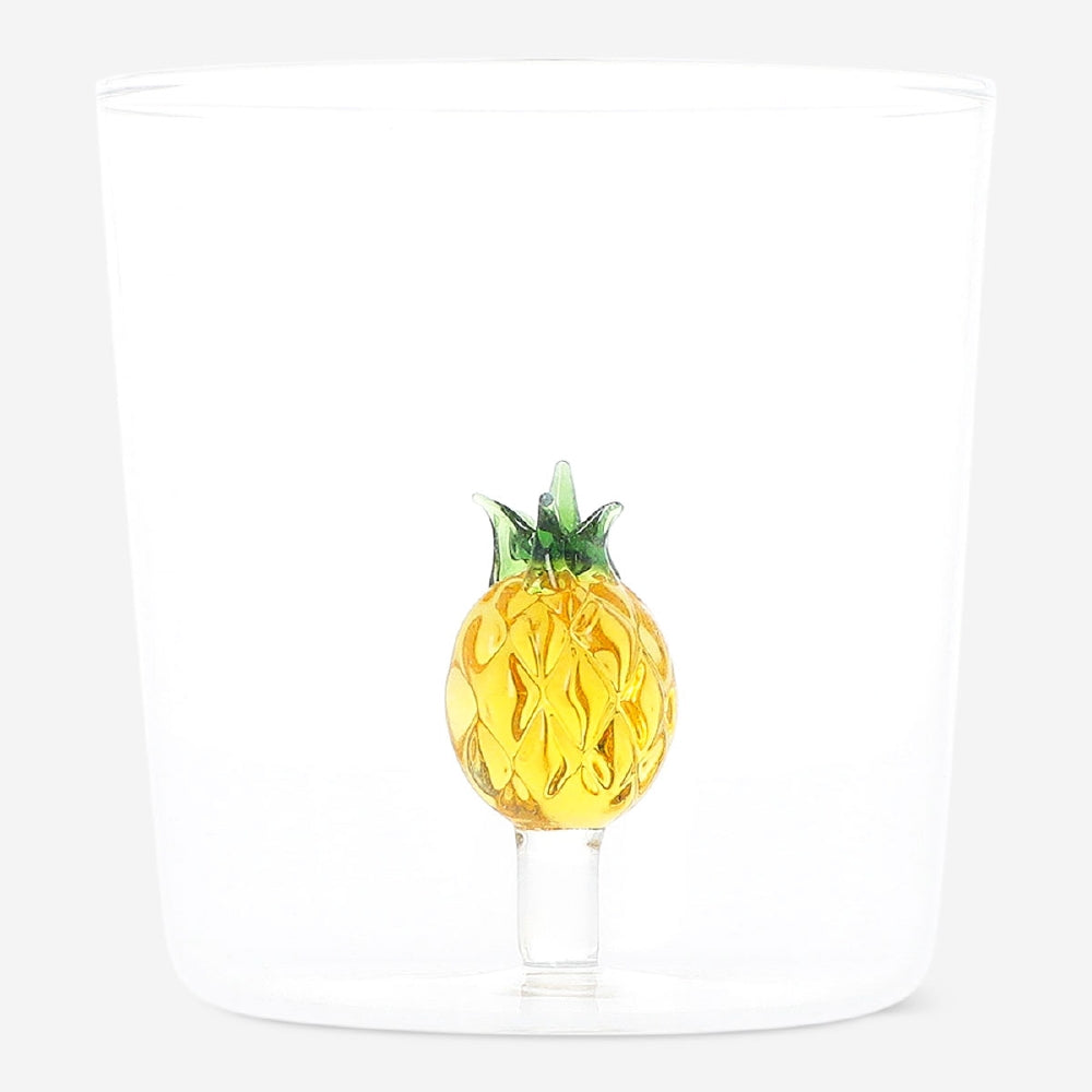 Clear 350 ml drinking glass with a decorative pineapple inside, from Flying Tiger Copenhagen, suitable for kitchen use.