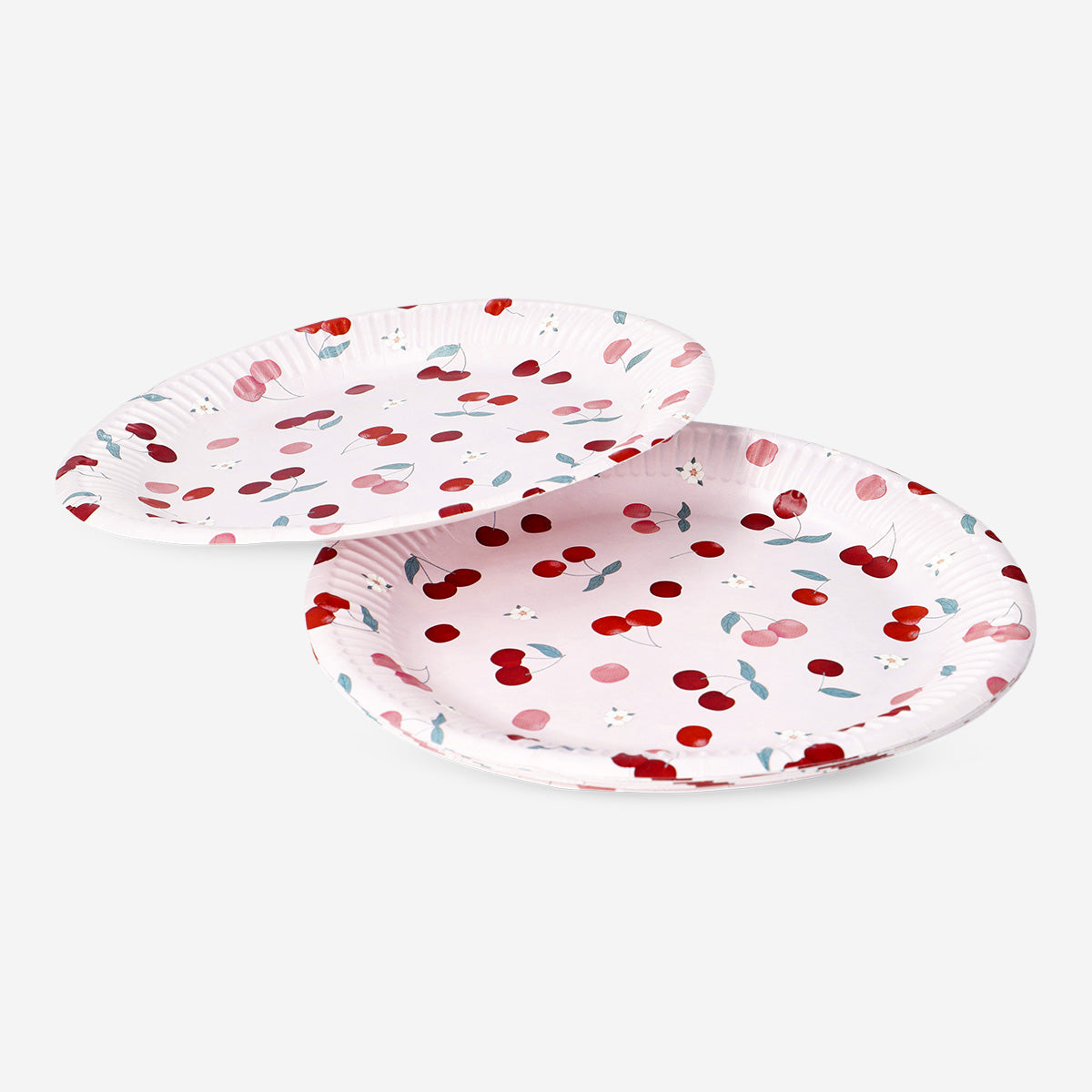 Set of 8 Flying Tiger Copenhagen cherry print paper party plates with colorful cherry designs for celebrations.