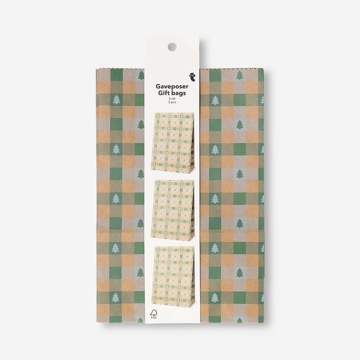 Three checkered paper gift bags for office use, branded Flying Tiger Copenhagen, featuring a classic check pattern and sturdy handles.