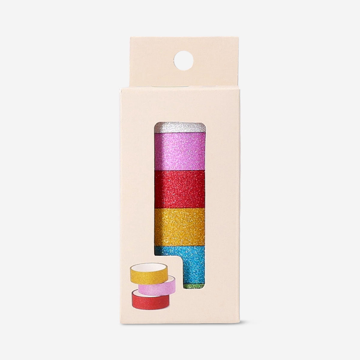 Six colorful decorative hobby tapes from Flying Tiger Copenhagen, featuring vibrant patterns for crafts and creative projects.