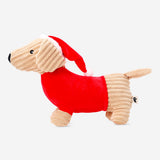Flying Tiger Copenhagen plush Christmas sausage dog toy, soft and cuddly with festive holiday design and detailed features.