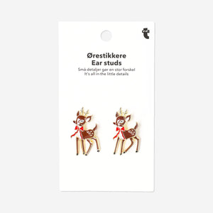 Textile stud earrings featuring a baby deer with moving legs, designed by Flying Tiger Copenhagen.