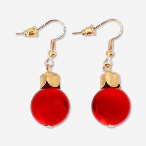 Small hanging Christmas baubles textile earrings in red with festive holiday design by Flying Tiger Copenhagen.
