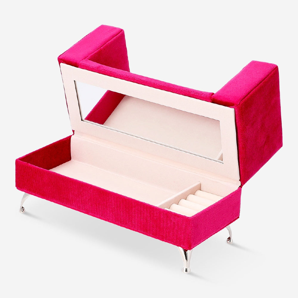 Pink velvet jewellery box shaped like a sofa from Flying Tiger Copenhagen, designed for stylish home organization.