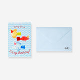 Colorful Flying Tiger Copenhagen birthday fish office greeting card featuring playful fish illustrations on a cheerful background.