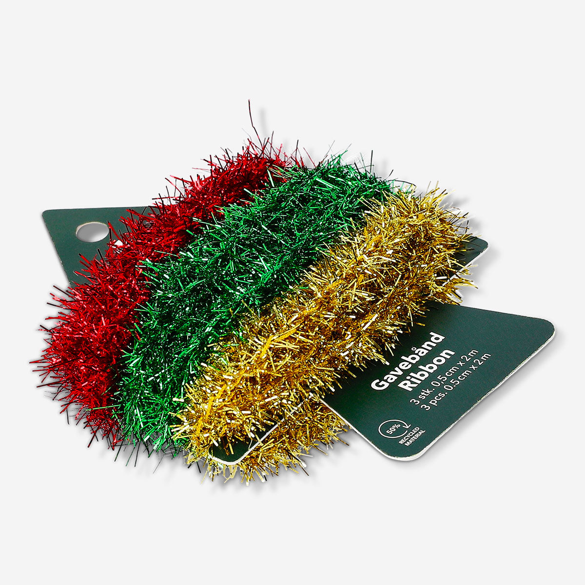 Three colorful mixed tinsel ribbons for office decoration, branded Flying Tiger Copenhagen, shown in vibrant display.