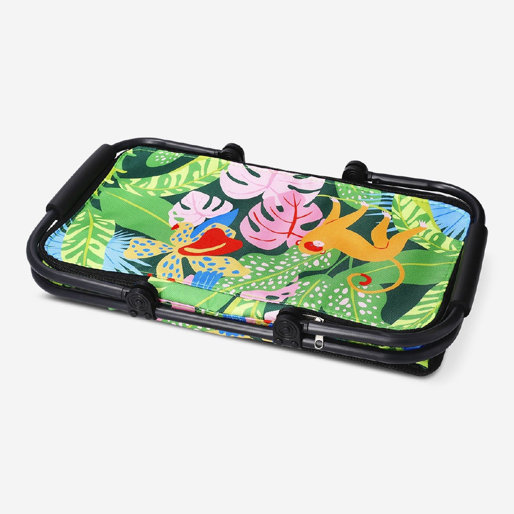 Flying Tiger Copenhagen tropical print cooler bag, 45x26 cm, featuring vibrant fruit-themed design for outdoor and picnic use.