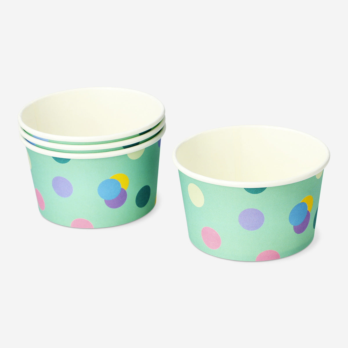 Set of four Flying Tiger Copenhagen paper snack bowls for parties, featuring colorful, disposable bowls ideal for serving snacks.