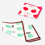 Two Flying Tiger Copenhagen kitchen cloths with colorful fruit print, soft fabric suitable for cleaning and kitchen use.