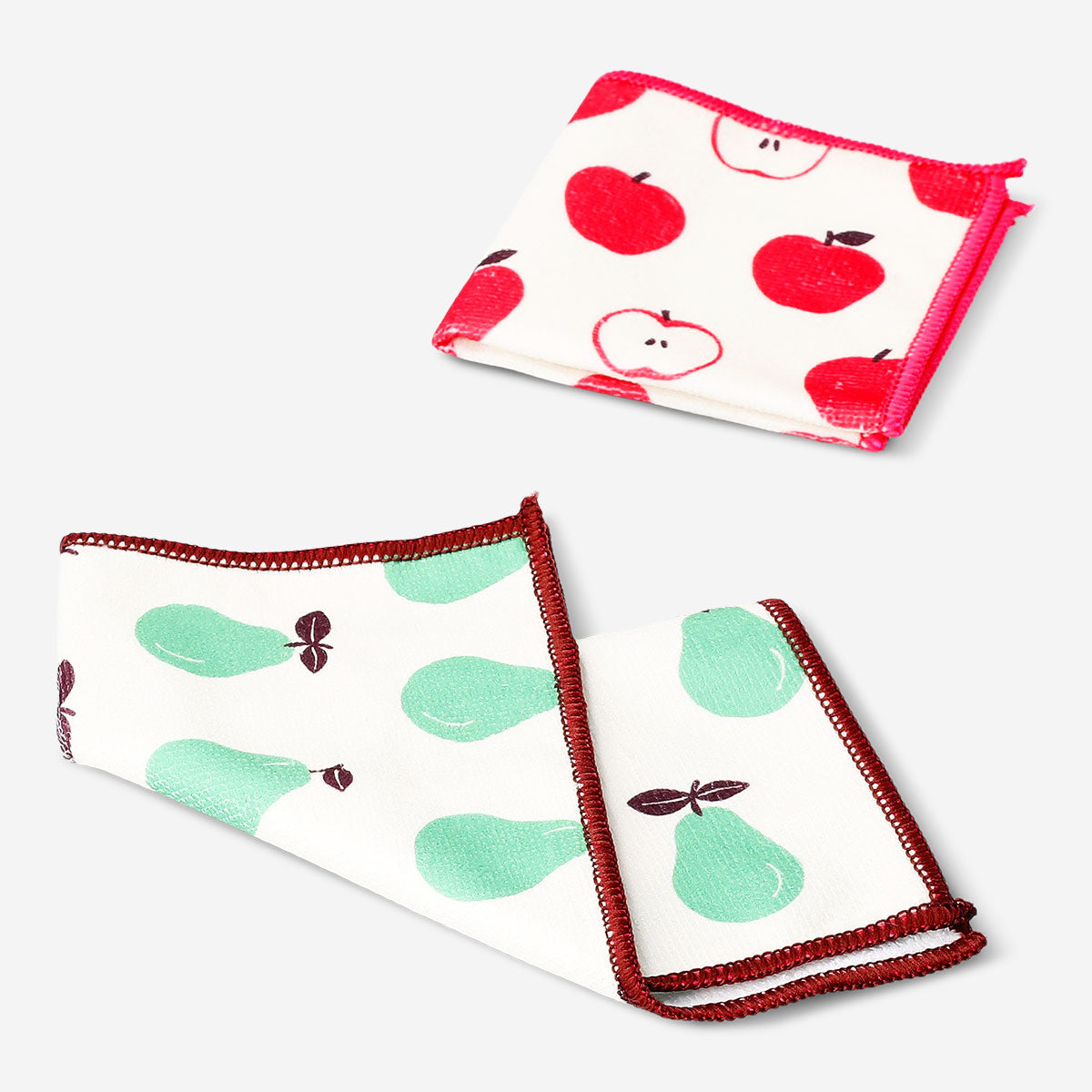 Two Flying Tiger Copenhagen kitchen cloths with colorful fruit print, soft fabric suitable for cleaning and kitchen use.