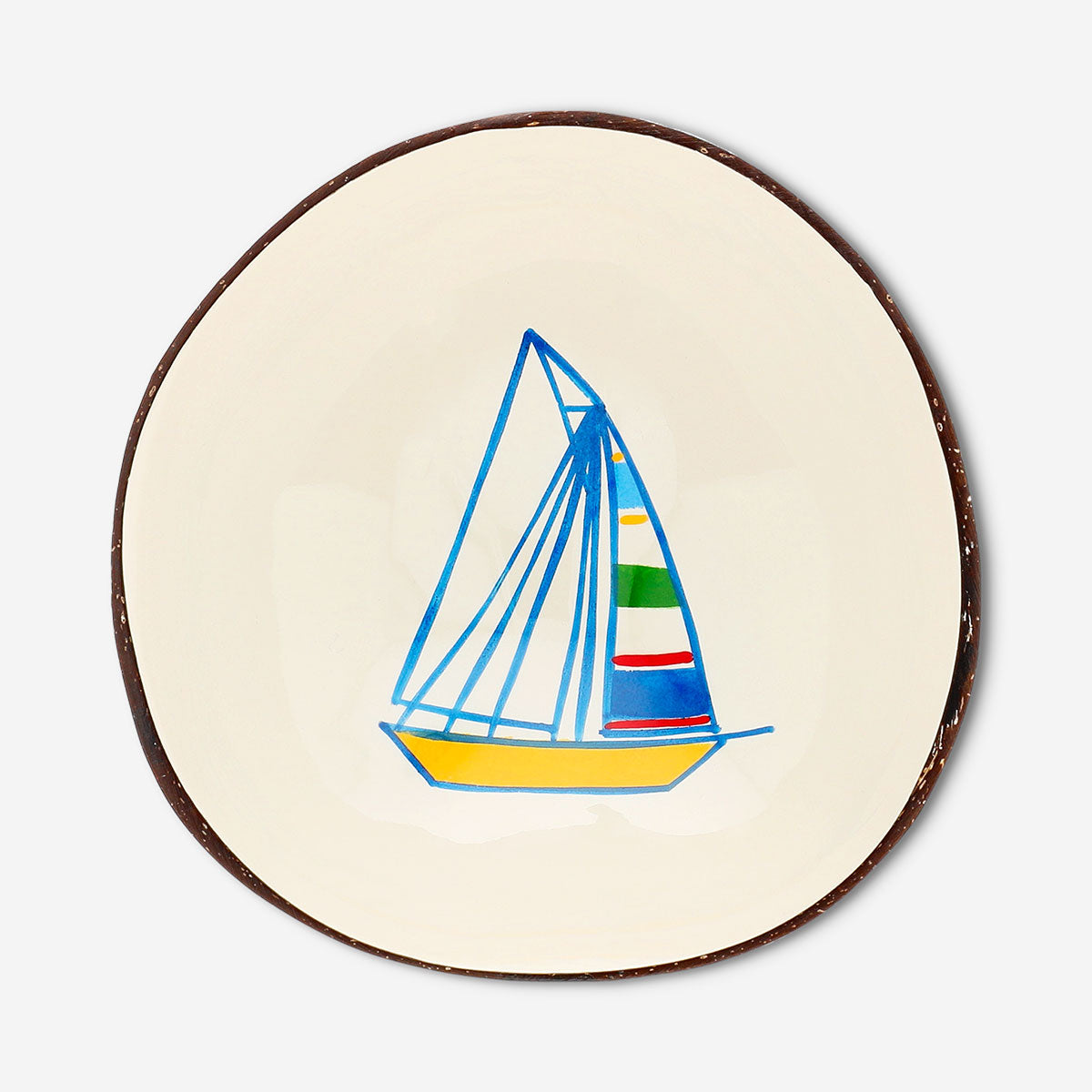 Hand-painted coconut bowl with boat motif, 13 cm, from Flying Tiger Copenhagen, showcasing a colorful, detailed design ideal for home decor.