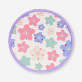 Foldable textile fan with abstract flower design by Flying Tiger Copenhagen displayed open with colorful floral pattern.