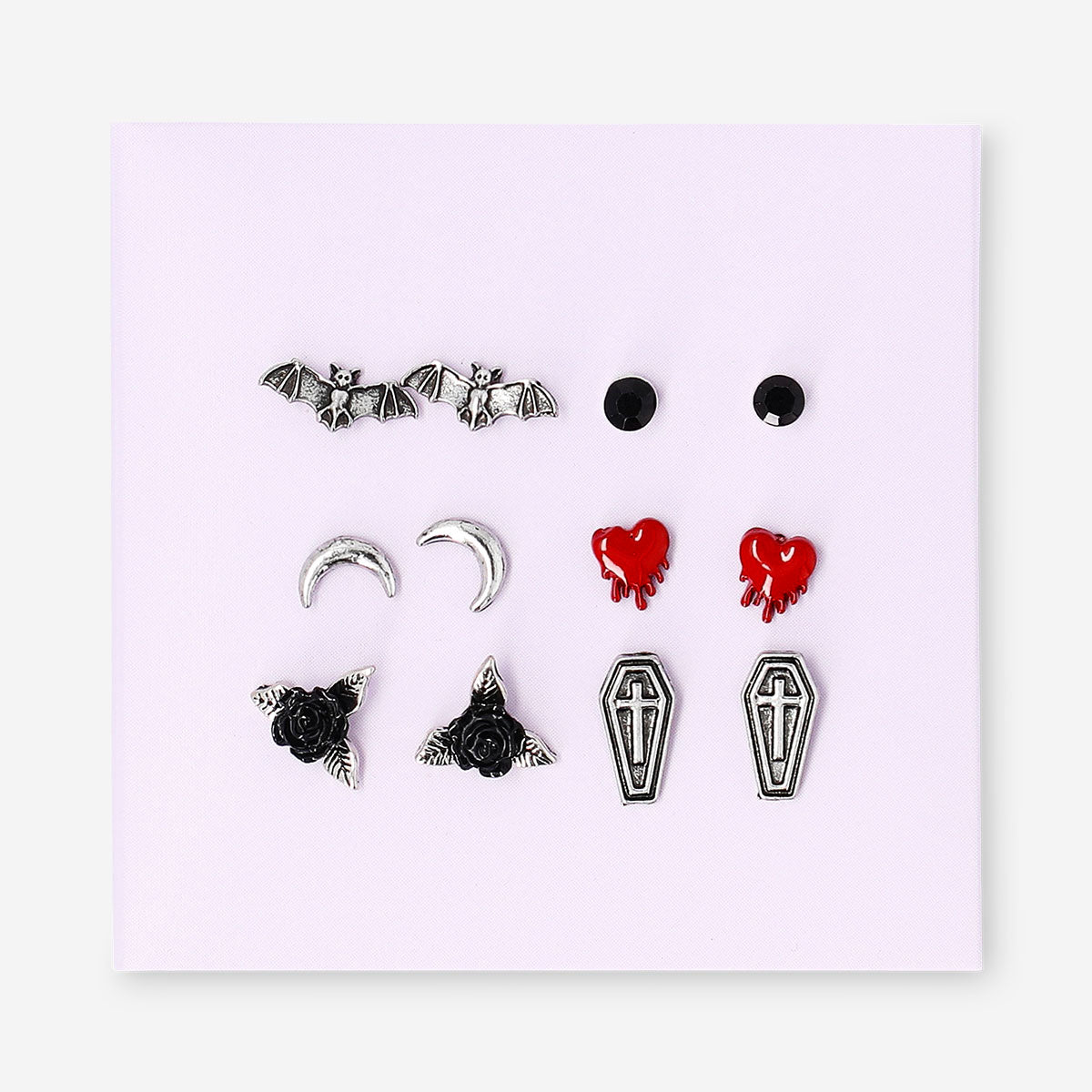 Set of six Gothic textile stud earrings with intricate designs, featuring dark, gothic-inspired patterns in a stylish collection.