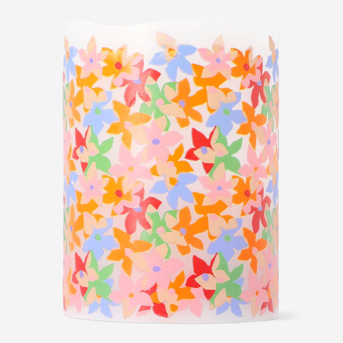 Flying Tiger Copenhagen LED pillar candle with floral print, 10 cm tall, ideal for home decor and ambient lighting.